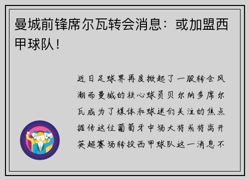 曼城前锋席尔瓦转会消息：或加盟西甲球队！