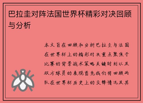 巴拉圭对阵法国世界杯精彩对决回顾与分析