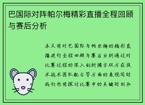 巴国际对阵帕尔梅精彩直播全程回顾与赛后分析