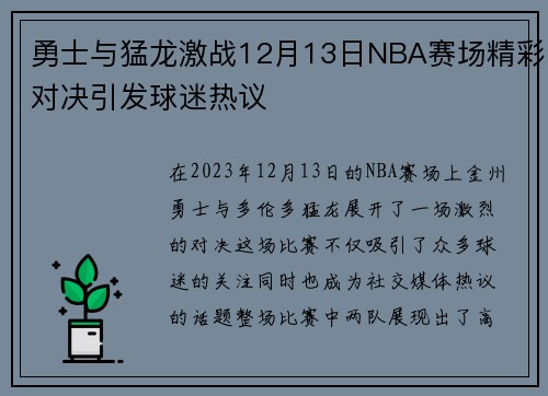 勇士与猛龙激战12月13日NBA赛场精彩对决引发球迷热议