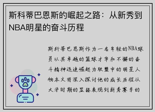 斯科蒂巴恩斯的崛起之路：从新秀到NBA明星的奋斗历程